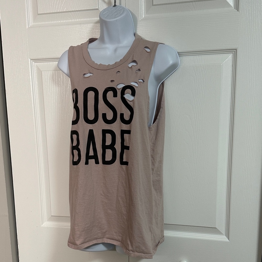 Stylish 'Boss Babe' Distressed Muscle Tee - Cream